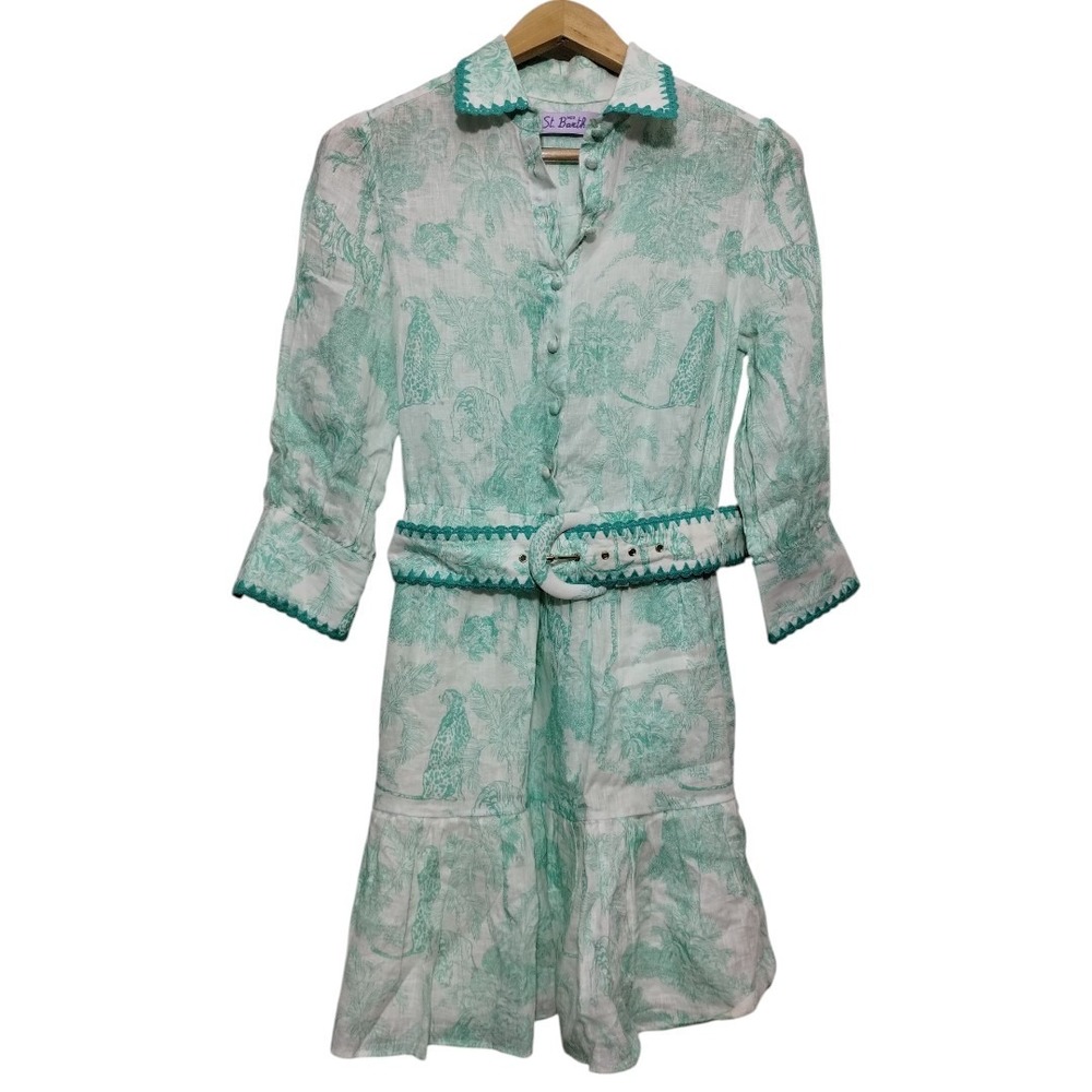 MC2 Saint Barth Women's S Toile De Jouy Linen Dress Daisi In Green Belted‎ Lined